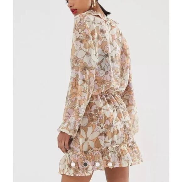 For Love and Lemons Mauritza Dress Sheer Floral Print Bell Sleeve Mini NWT Large - Picture 2 of 9